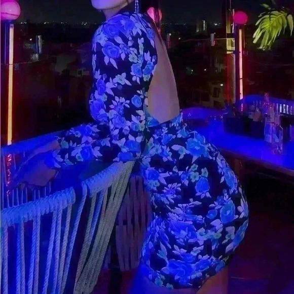ZARA Floral Open Back Long Sleeve Blue Black  Pink Mini Dress size XS - Picture 2 of 10
